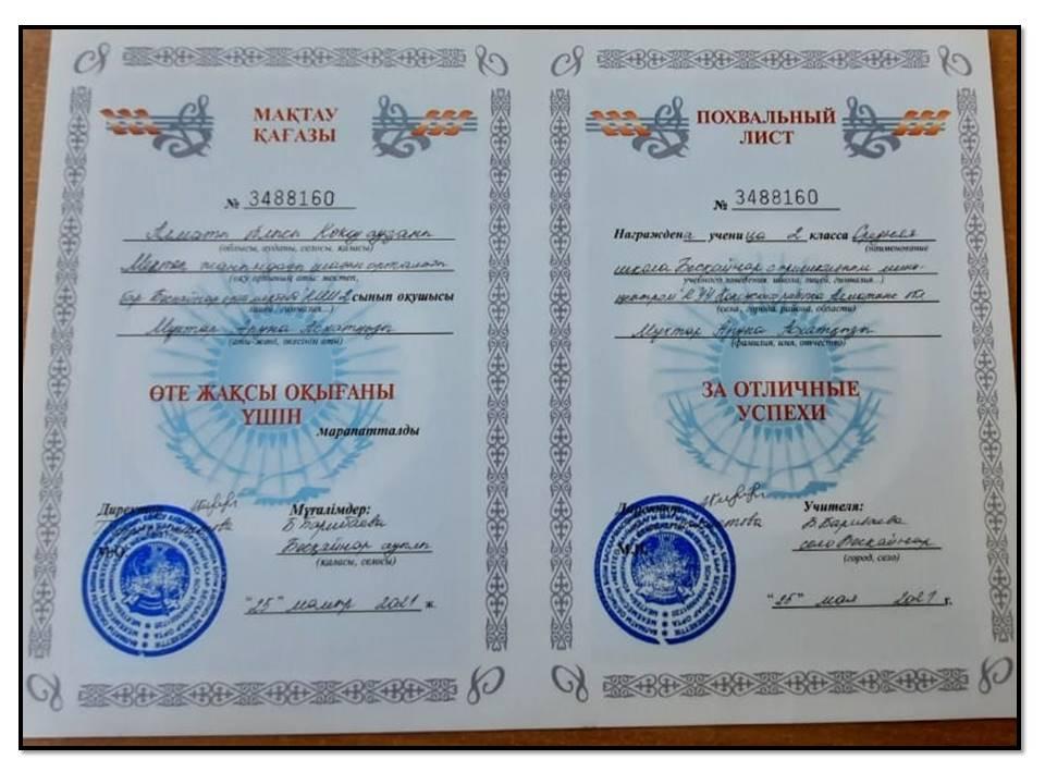 Мектептің оқу озаттарының мақтау қағазы 2020-2021жж